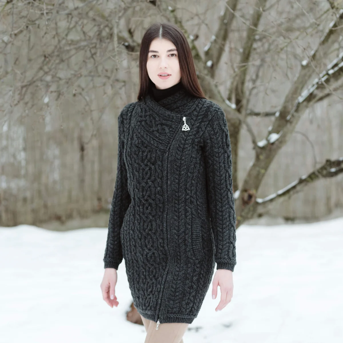 SAOL Cable Knit Side Zip Long Cardigan – 100% Merino Wool Irish Knitwear - Image 2 | Lily's Pad Studio