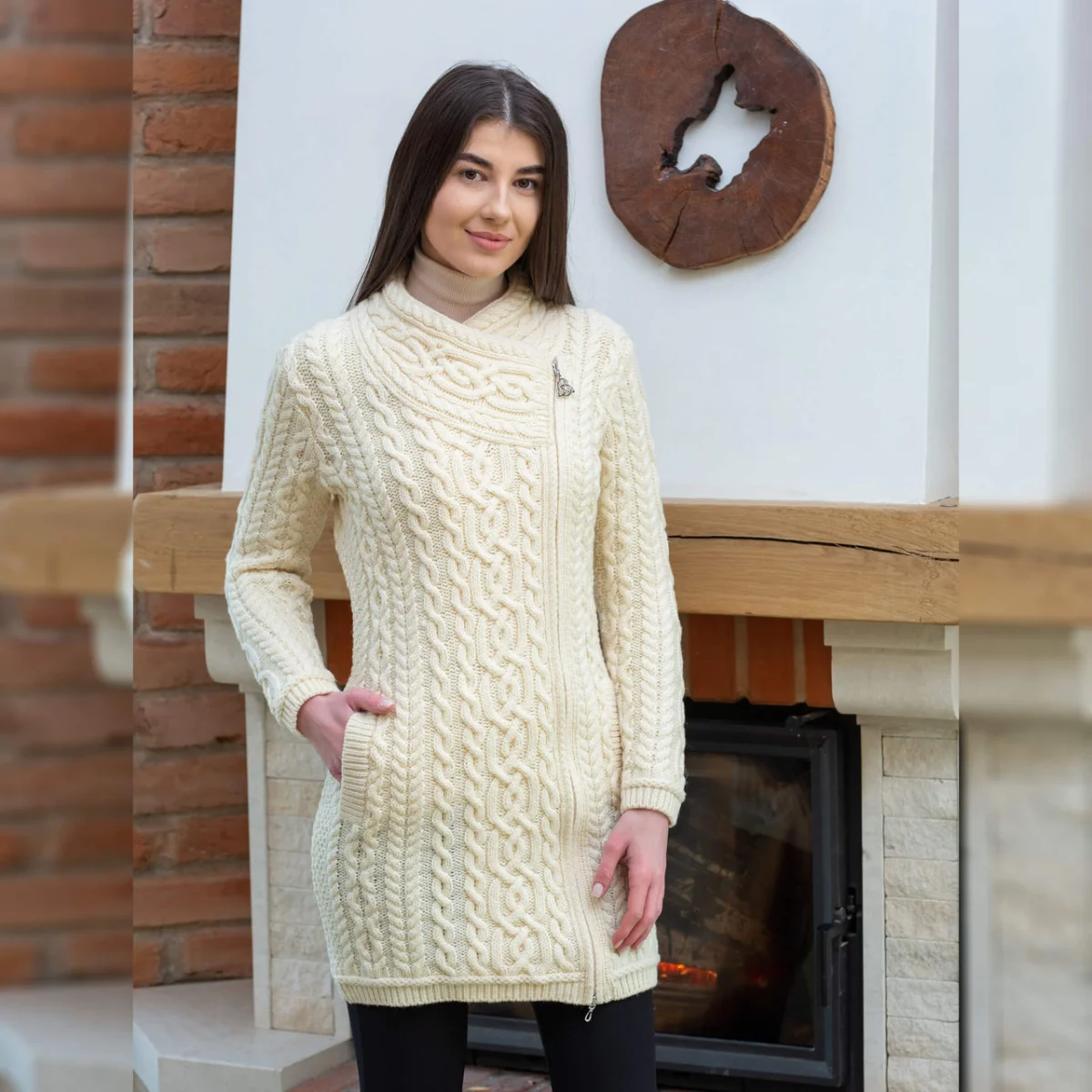 SAOL Cable Knit Side Zip Long Cardigan – 100% Merino Wool Irish Knitwear - Image 8 | Lily's Pad Studio