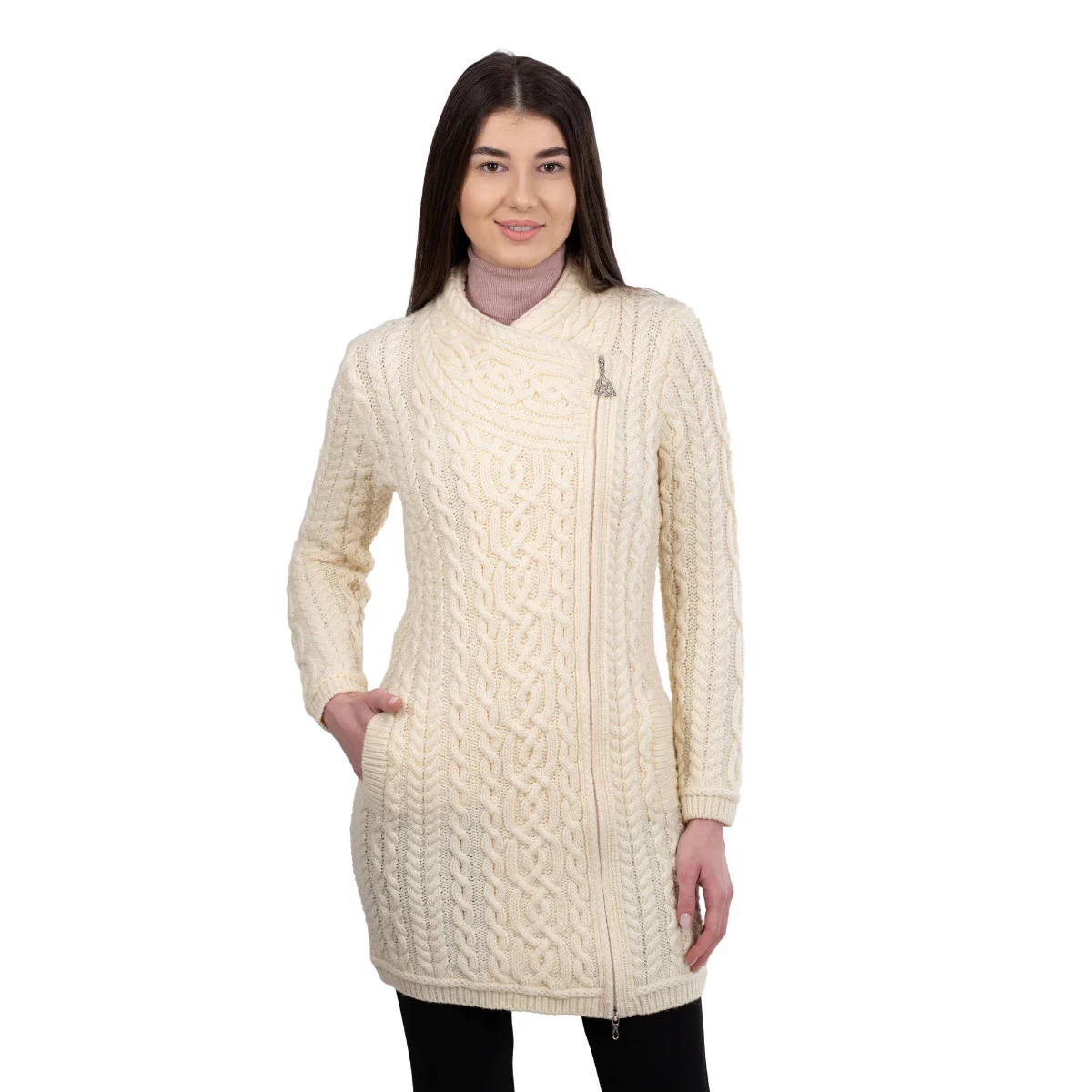 SAOL Cable Knit Side Zip Long Cardigan – 100% Merino Wool Irish Knitwear - Image 11 | Lily's Pad Studio