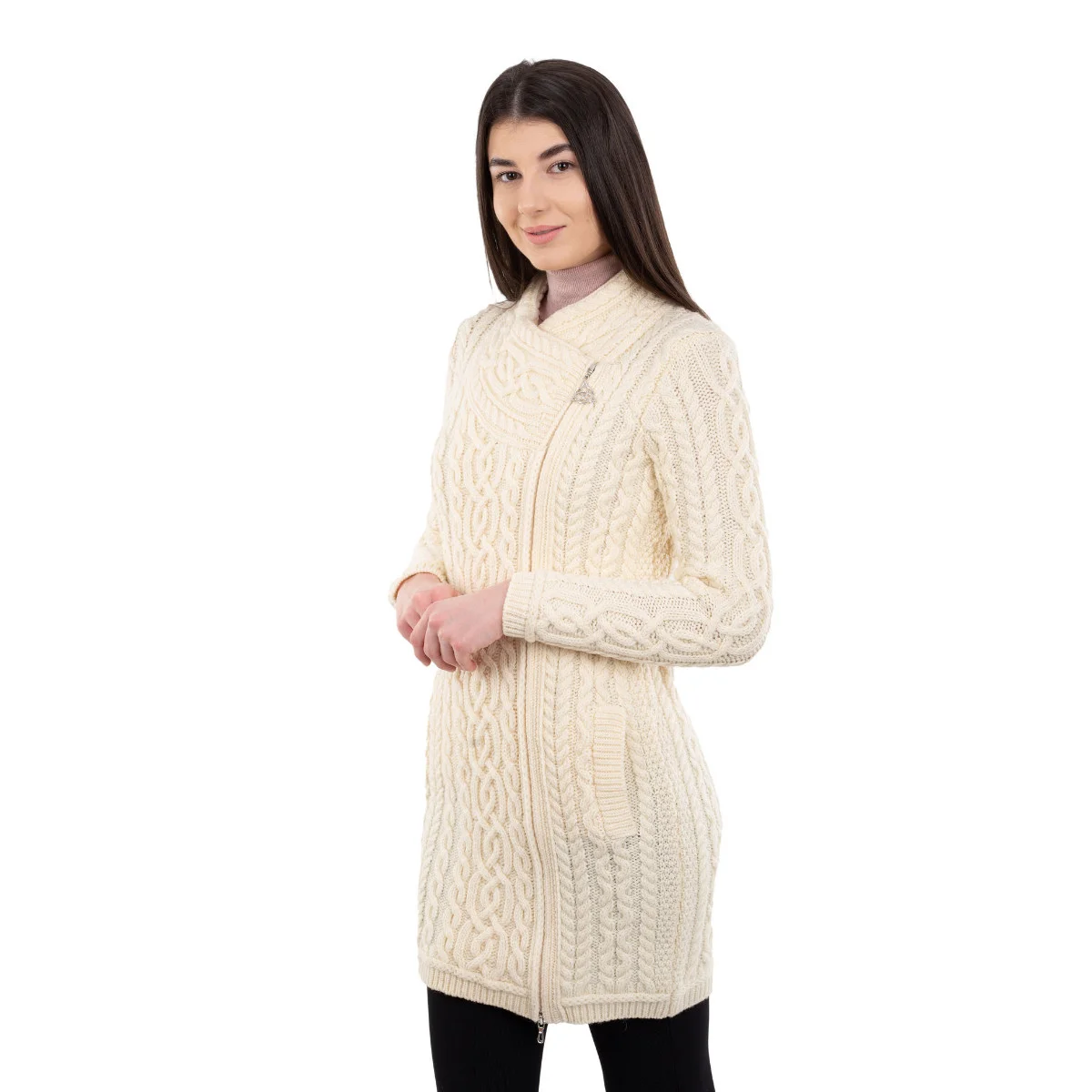SAOL Cable Knit Side Zip Long Cardigan – 100% Merino Wool Irish Knitwear - Image 13 | Lily's Pad Studio