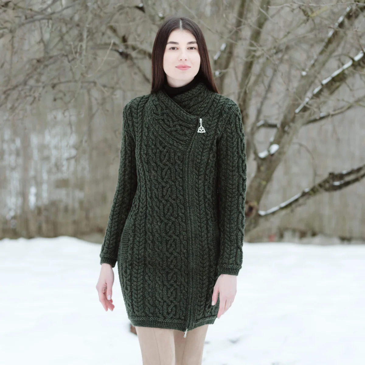 SAOL Cable Knit Side Zip Long Cardigan – 100% Merino Wool Irish Knitwear - Image 15 | Lily's Pad Studio