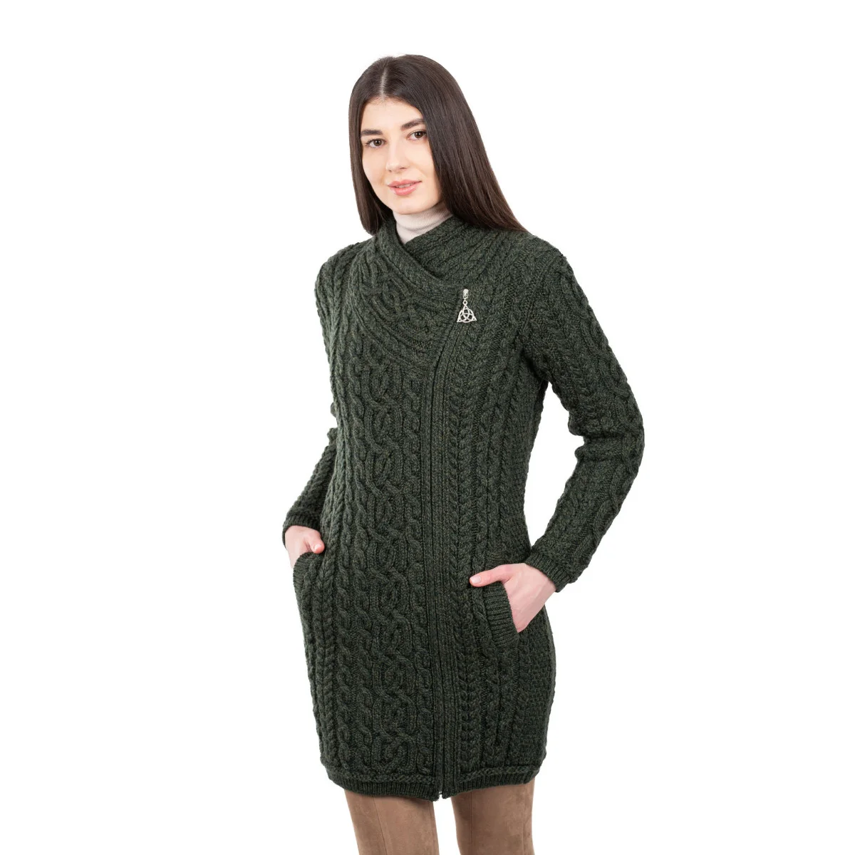 SAOL Cable Knit Side Zip Long Cardigan – 100% Merino Wool Irish Knitwear - Image 17 | Lily's Pad Studio