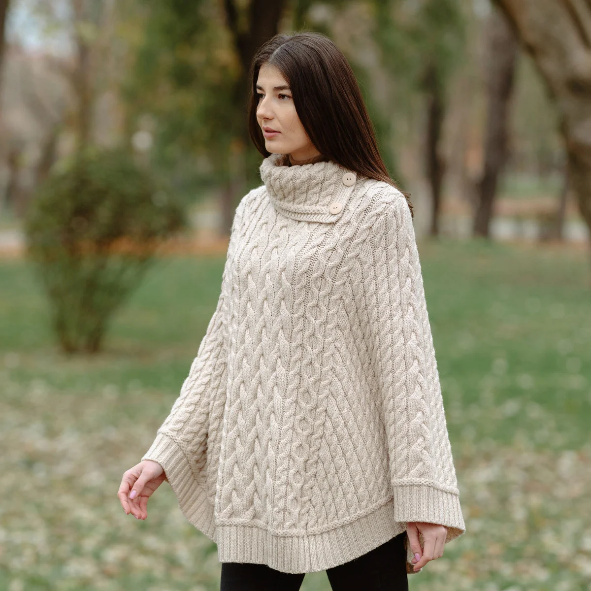 SAOL Women’s Cowl Neck Button Poncho – 100% Pure Merino Wool - Image 5 | Lily's Pad Studio