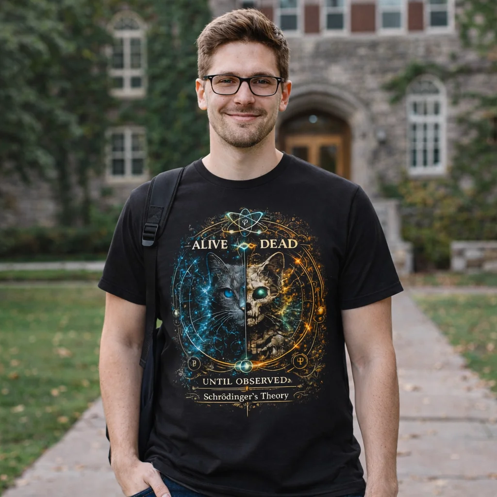 Schrödinger Cat Illustration T-Shirt | Synapse Syndicate | Genius Tee | Lily's Pad Studio