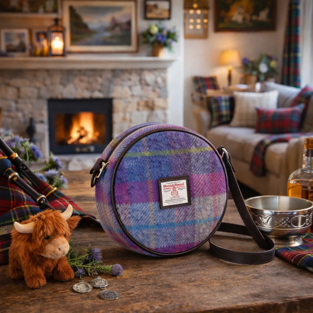Scottish Harris Tweed Bannock Round Shoulder Bag – Authentic Wool Tartan Crossbody Purse - Image 3 | Lily's Pad Studio