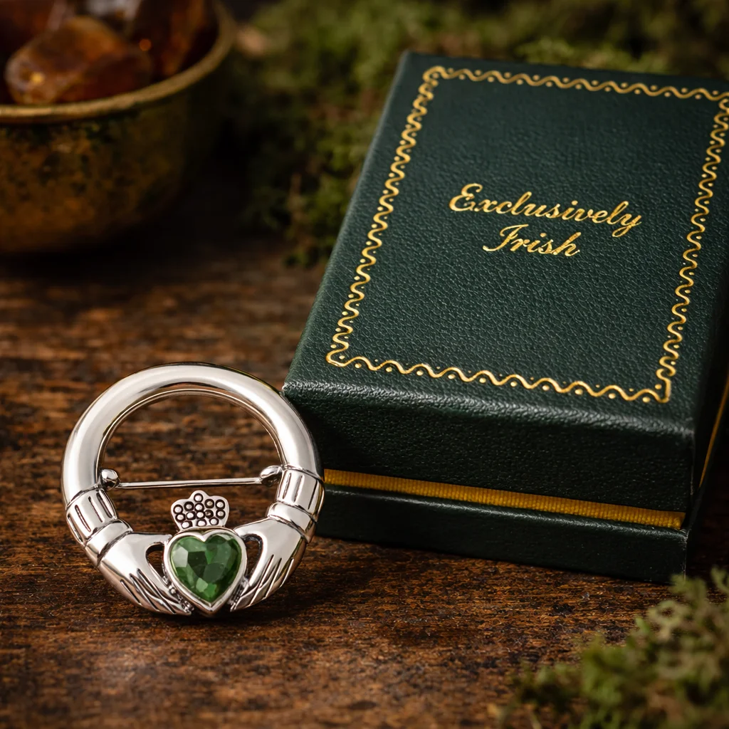 Silver Irish Claddagh Brooch with Gemstone – Celtic Heritage Jewelry Gift | Lily's Pad Studio