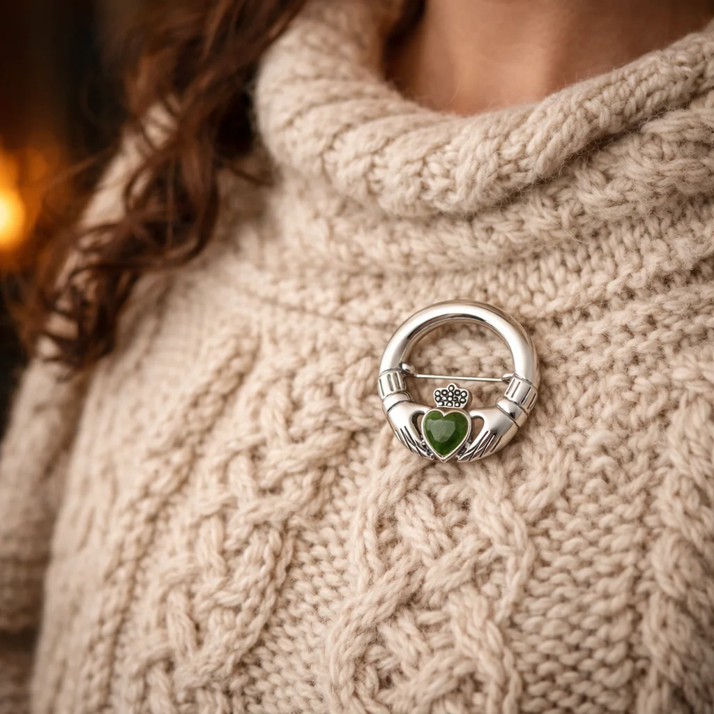 Silver Irish Claddagh Brooch with Gemstone – Celtic Heritage Jewelry Gift - Image 2 | Lily's Pad Studio