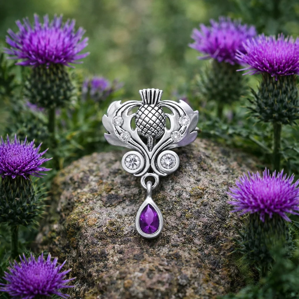 Silver Scottish Thistle Pendant with Amethyst – Sterling Scottish Jewelry | Lily's Pad Studio