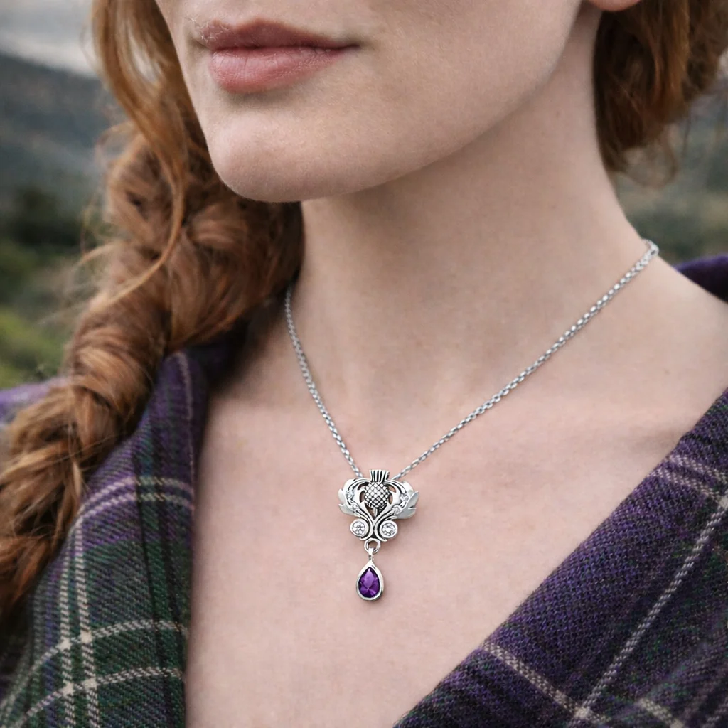 Silver Scottish Thistle Pendant with Amethyst – Sterling Scottish Jewelry - Image 2 | Lily's Pad Studio