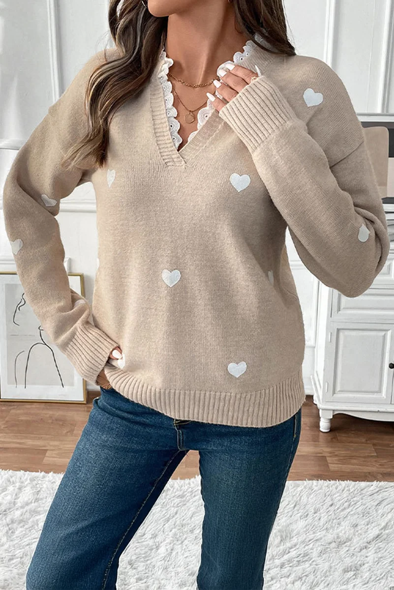 Smoke Gray Heart Print Lace Splicing V Neck Valentines Sweater - Image 4 | Lily's Pad Studio