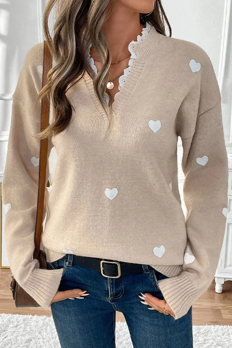 Smoke Gray Heart Print Lace Splicing V Neck Valentines Sweater - Image 5 | Lily's Pad Studio