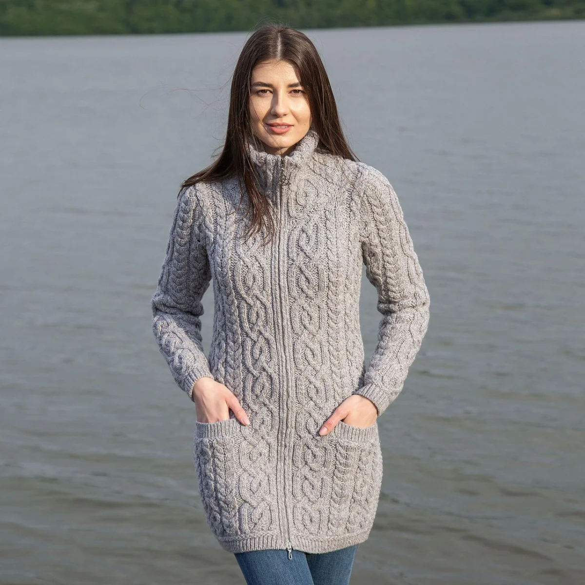 Soft Touch Ladies Aran Zip Cardigan - Image 2 | Lily's Pad Studio
