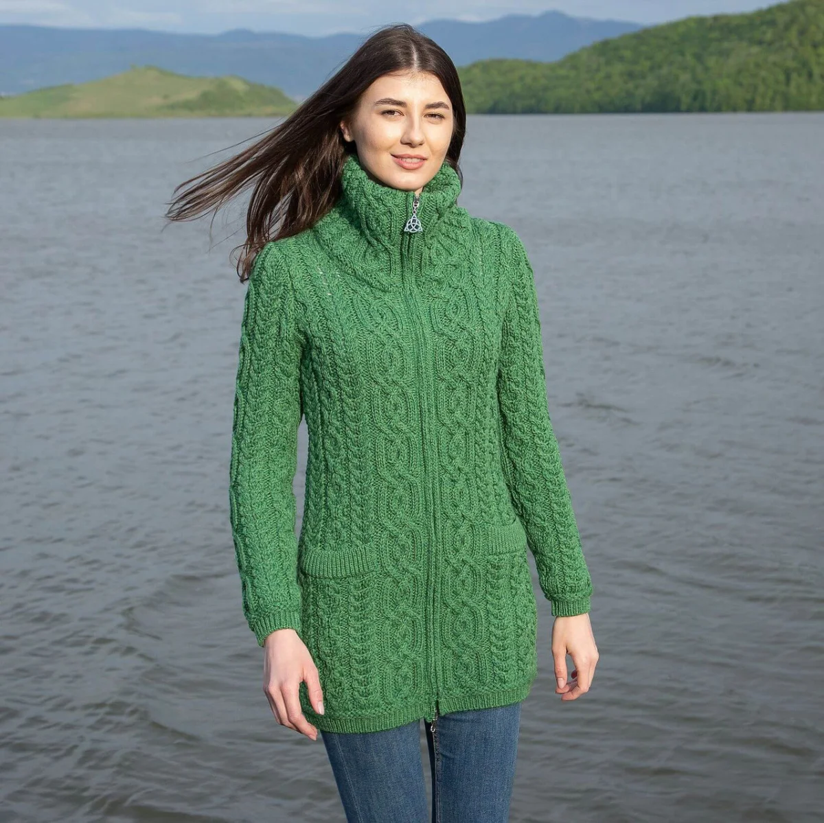 Soft Touch Ladies Aran Zip Cardigan - Image 3 | Lily's Pad Studio