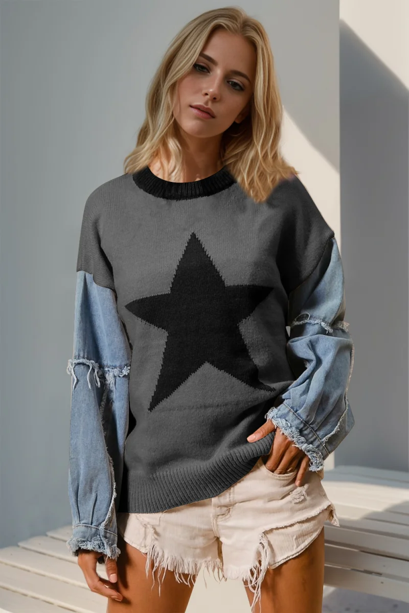 Star Pattern Raw Edge Long Sleeve Sweater – Cozy Graphic Knit Top - Image 3 | Lily's Pad Studio
