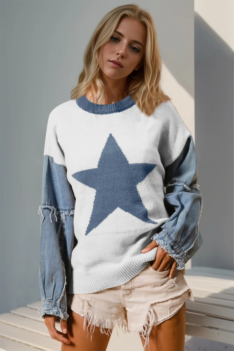 Star Pattern Raw Edge Long Sleeve Sweater – Cozy Graphic Knit Top | Lily's Pad Studio