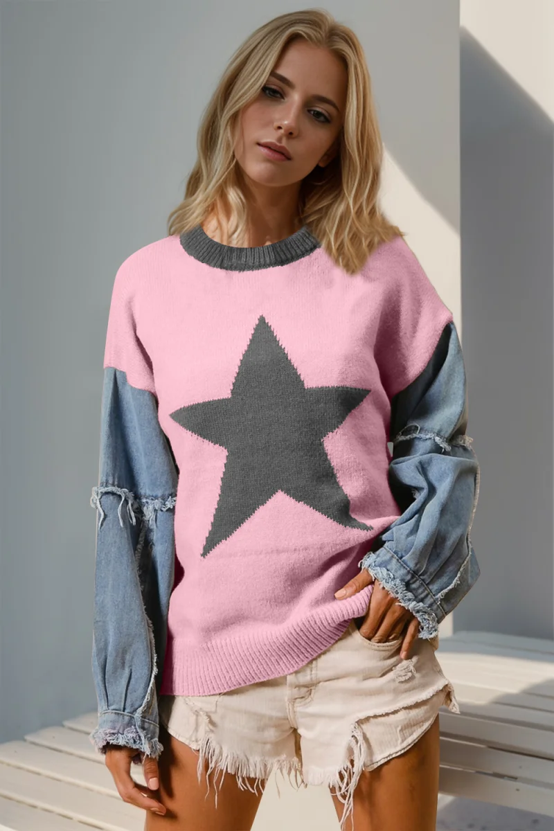 Star Pattern Raw Edge Long Sleeve Sweater – Cozy Graphic Knit Top - Image 5 | Lily's Pad Studio