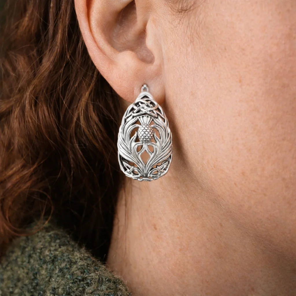 Teardrop Celtic Knotwork Post Earrings with Thistle Motif – Sterling Irish Heritage Jewelry - Image 2 | Lily's Pad Studio