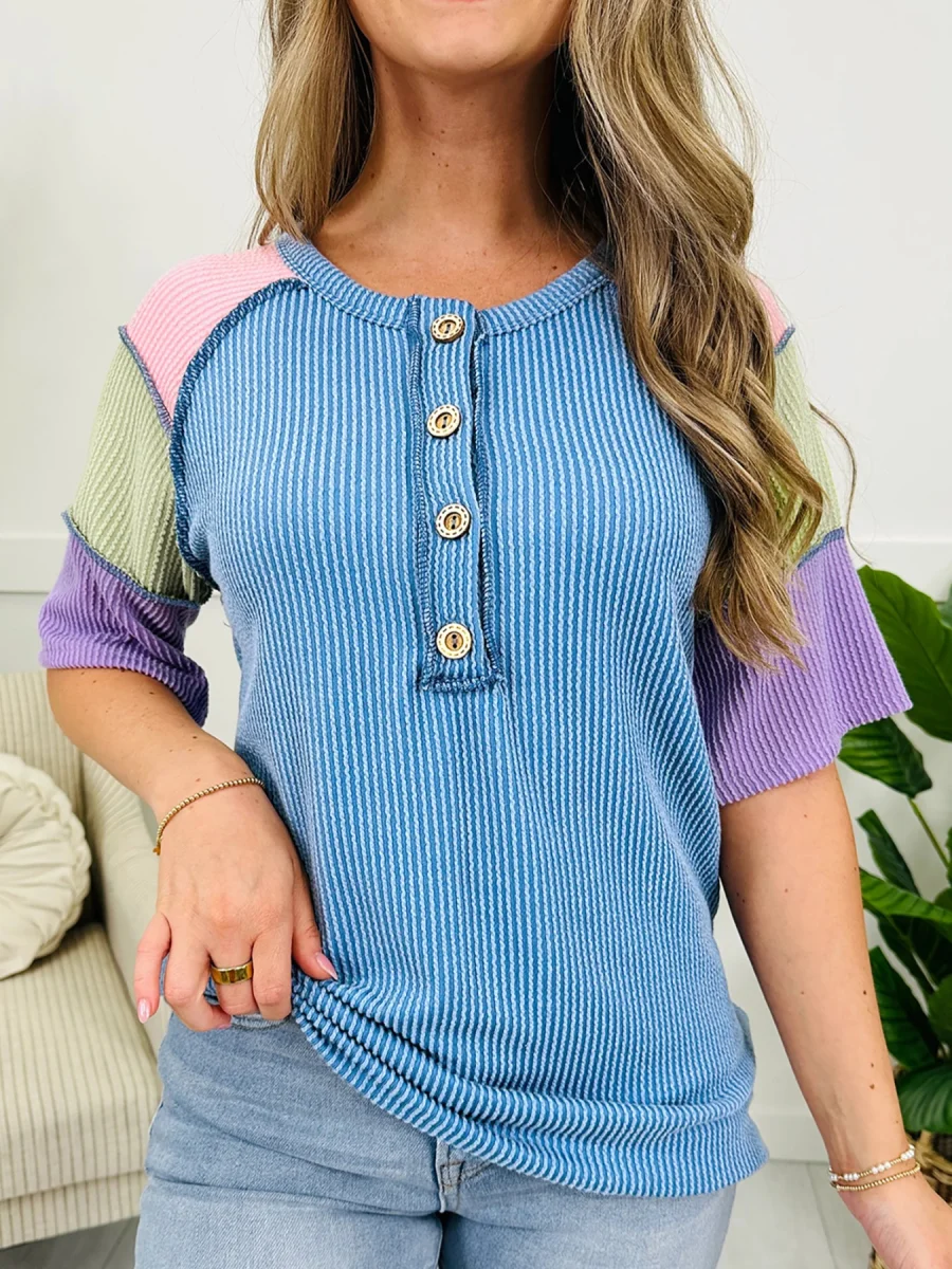 Twisted Rib Color Block Patchwork Short Sleeve Henley Top | Lily's Pad Studio
