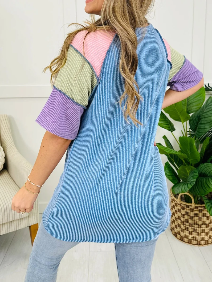 Twisted Rib Color Block Patchwork Short Sleeve Henley Top - Image 4 | Lily's Pad Studio