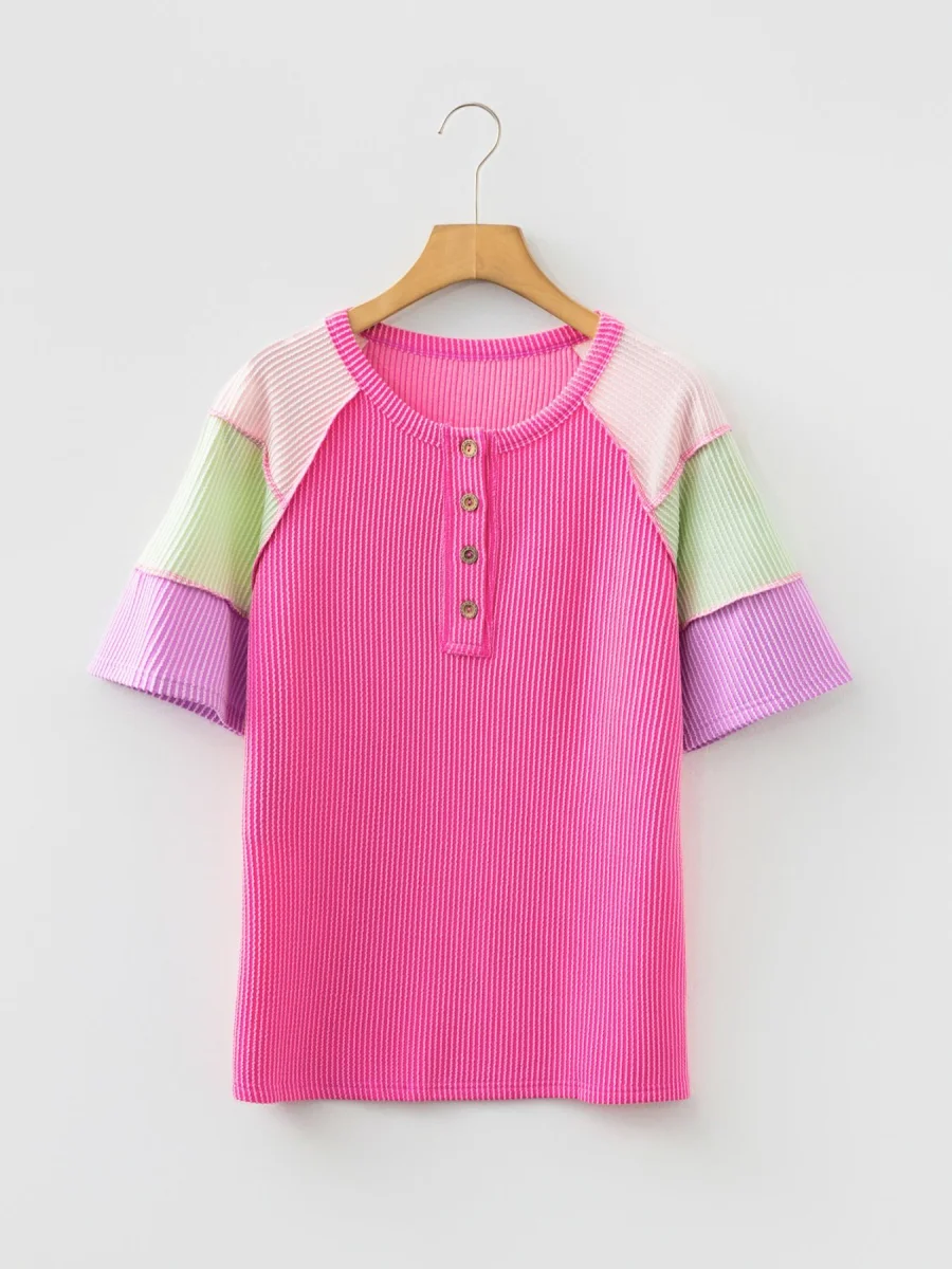 Twisted Rib Color Block Patchwork Short Sleeve Henley Top - Image 12 | Lily's Pad Studio