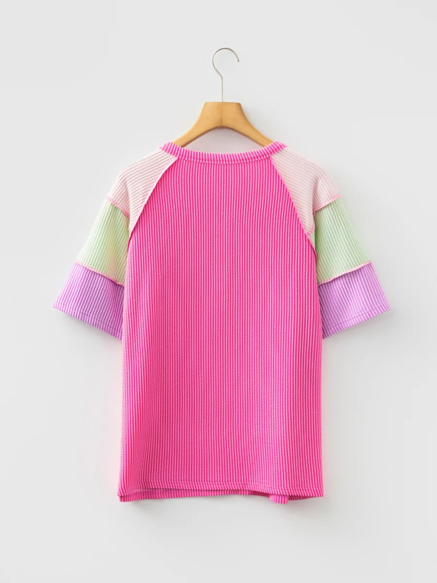 Twisted Rib Color Block Patchwork Short Sleeve Henley Top - Image 13 | Lily's Pad Studio