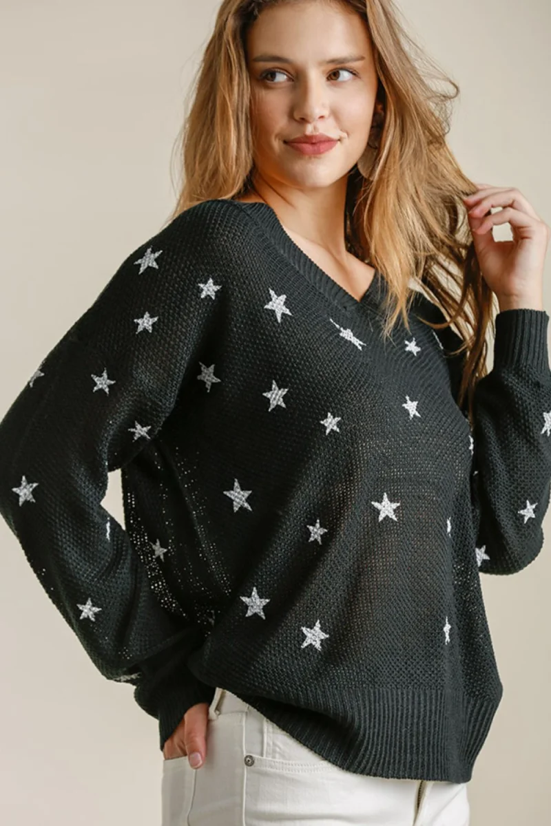 Umgee Plus Size Full Size Star V-Neck Long Sleeve Sweater – Women’s Knit Top - Clothing | Lily's Pad Studio