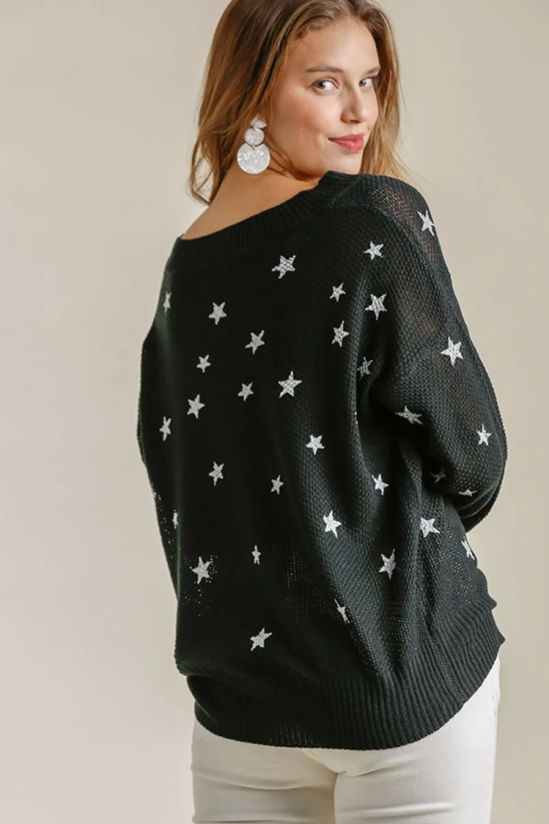 Umgee Plus Size Full Size Star V-Neck Long Sleeve Sweater – Women’s Knit Top - Image 2 | Lily's Pad Studio