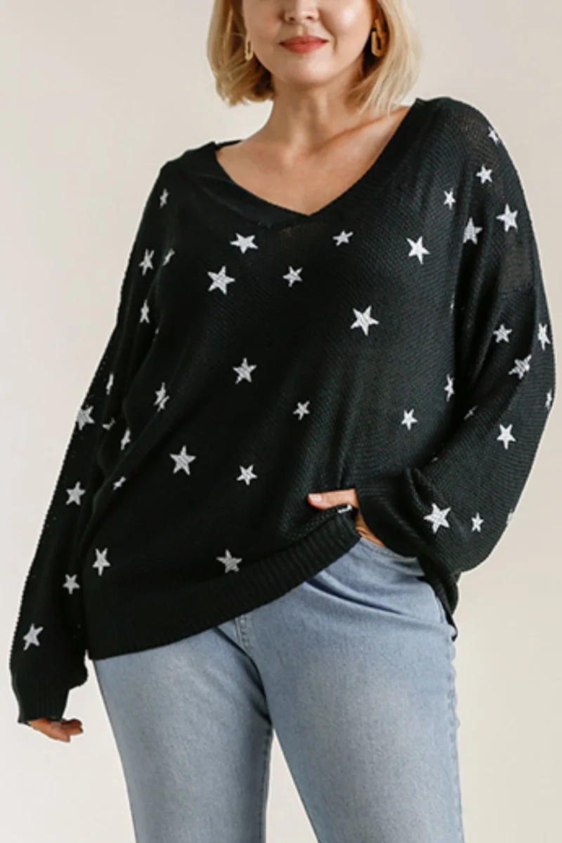 Umgee Plus Size Full Size Star V-Neck Long Sleeve Sweater – Women’s Knit Top - Image 3 | Lily's Pad Studio