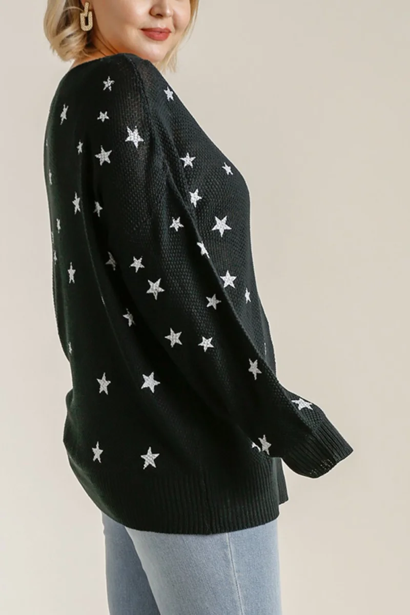 Umgee Plus Size Full Size Star V-Neck Long Sleeve Sweater – Women’s Knit Top - Image 4 | Lily's Pad Studio