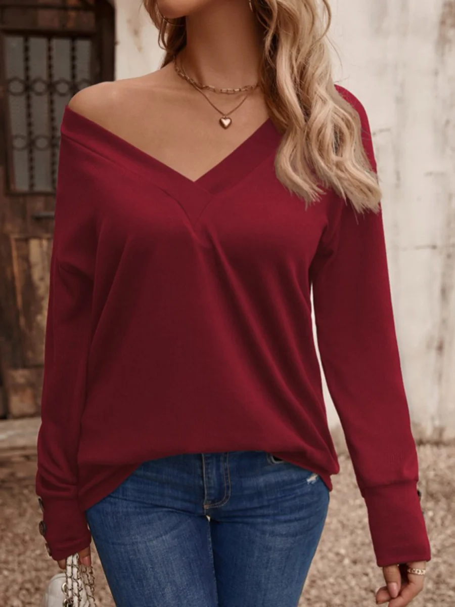 V-Neck Long Sleeve Top – Classic Knit Pullover with Soft Stretch Fabric - Image 2 | Lily's Pad Studio