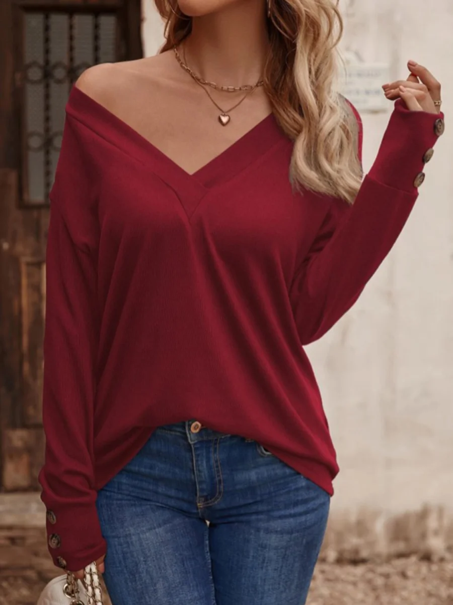 V-Neck Long Sleeve Top – Classic Knit Pullover with Soft Stretch Fabric - Image 3 | Lily's Pad Studio