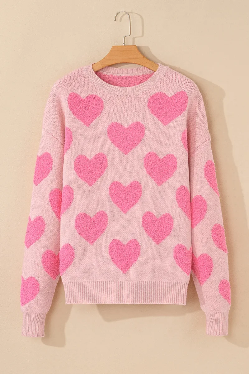 Valentine’s Day Heart Jacquard Round Neck Sweater – Soft Knit Holiday Pullover - Image 7 | Lily's Pad Studio