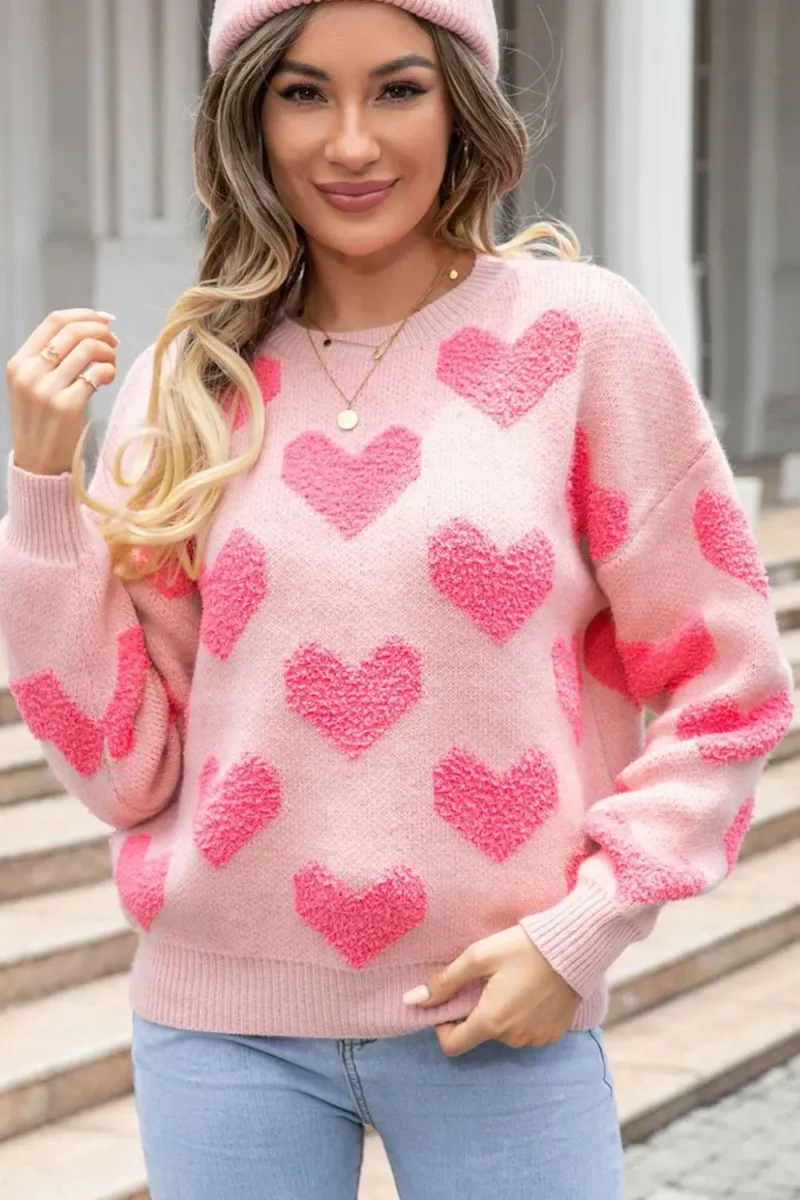 Valentine’s Day Heart Jacquard Round Neck Sweater – Soft Knit Holiday Pullover - Image 10 | Lily's Pad Studio