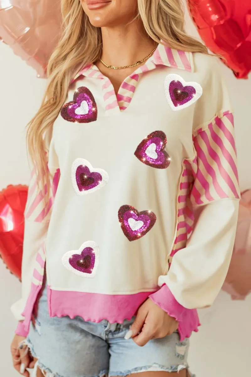 Valentine’s Day Sequin Heart Pattern Long Sleeve Sweatshirt – Festive Holiday Knit Top - Image 2 | Lily's Pad Studio