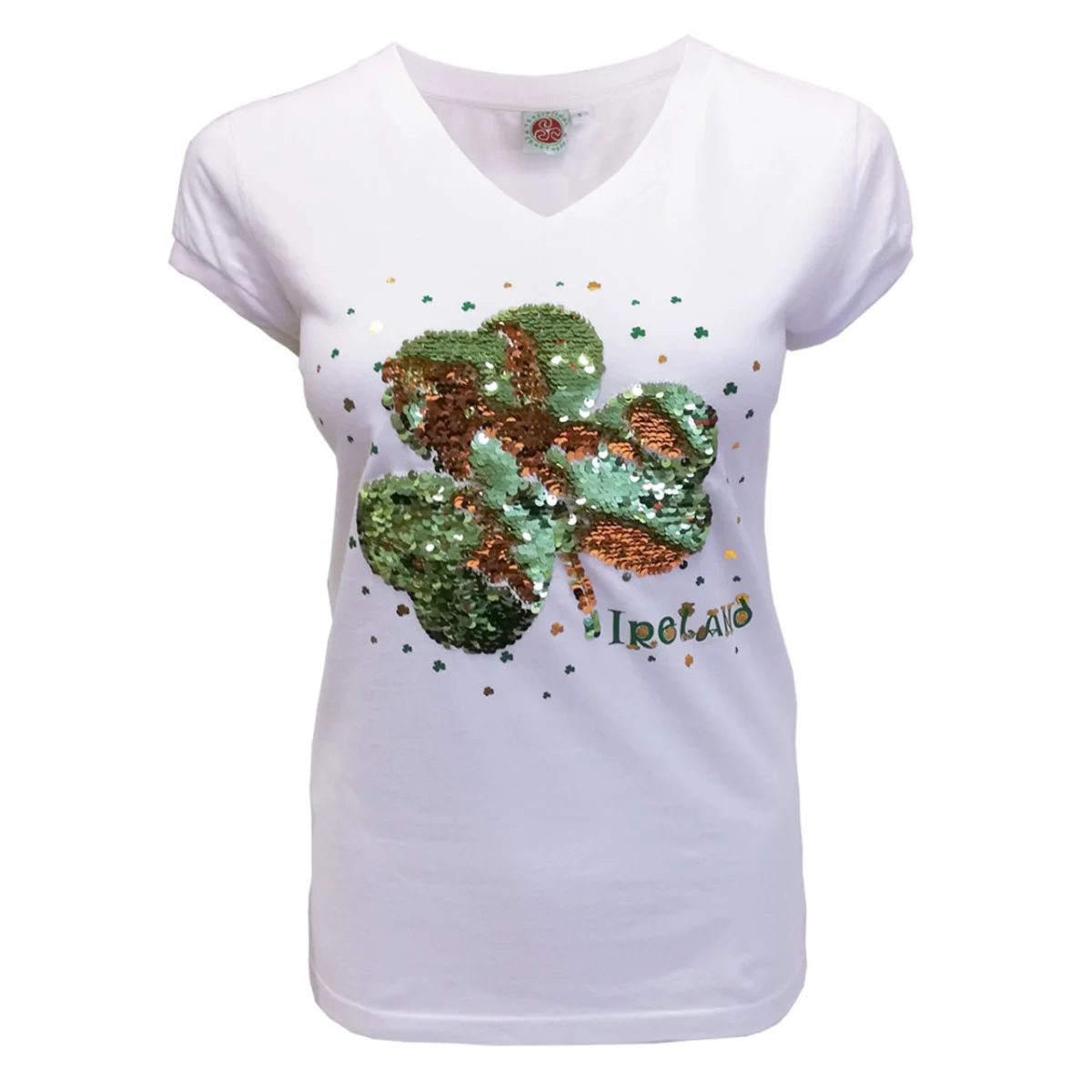 White 2-Way Sequin Shamrock Ladies V-Neck T-Shirt | Lily's Pad Studio