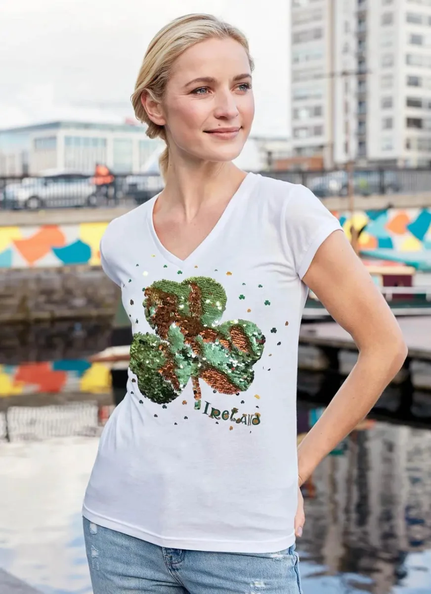 White 2-Way Sequin Shamrock Ladies V-Neck T-Shirt - Image 2 | Lily's Pad Studio