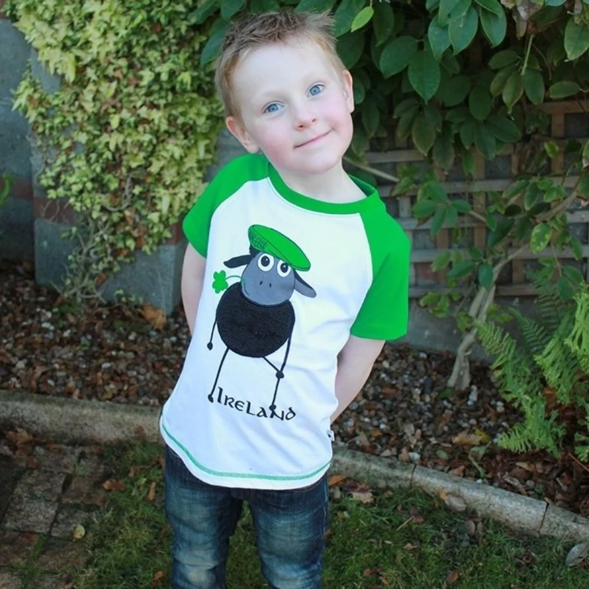 White & Emerald Ireland Sheep Kids T-Shirt - Image 4 | Lily's Pad Studio