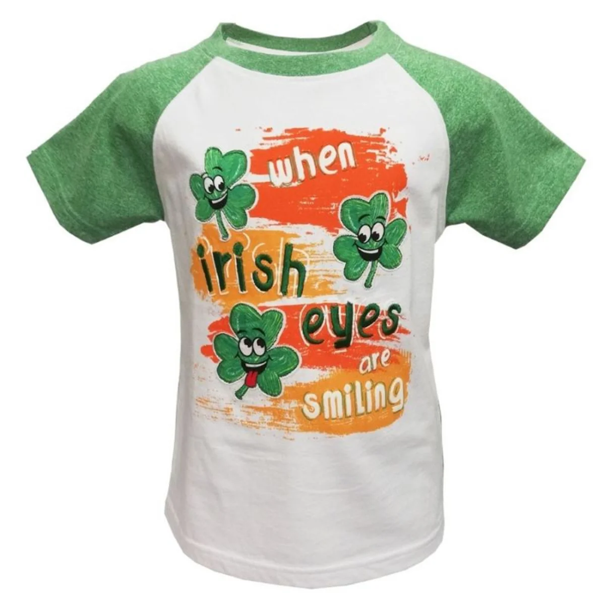 White & Green Shamrock Kids Raglan T-Shirt - Image 1 | Lily's Pad Studio