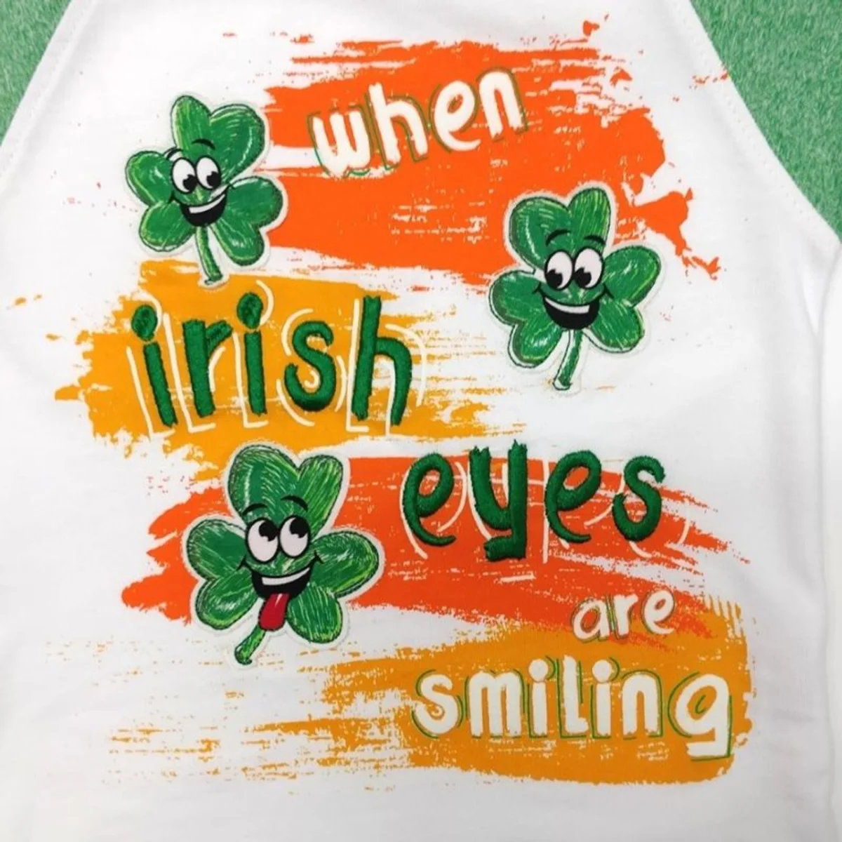 White & Green Shamrock Kids Raglan T-Shirt - Image 3 | Lily's Pad Studio