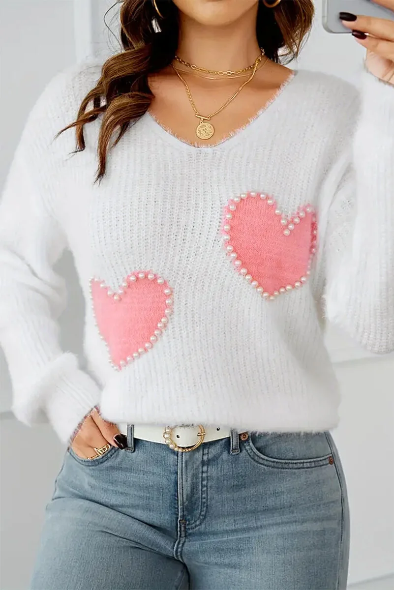 White Pearl Beaded Heart Pattern Fuzzy V Neck Sweater - Featured Product | Lily's Pad Studio