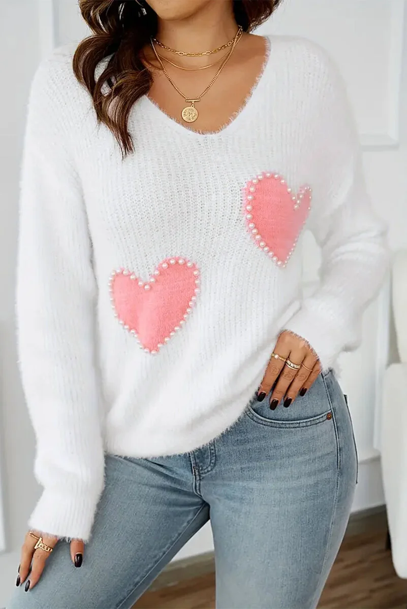 White Pearl Beaded Heart Pattern Fuzzy V Neck Sweater - Image 3 | Lily's Pad Studio