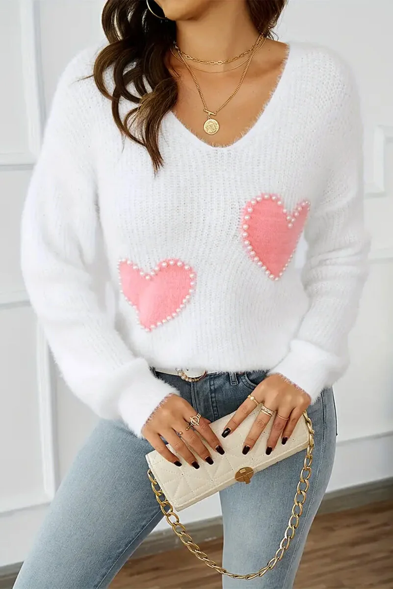 White Pearl Beaded Heart Pattern Fuzzy V Neck Sweater - Image 4 | Lily's Pad Studio