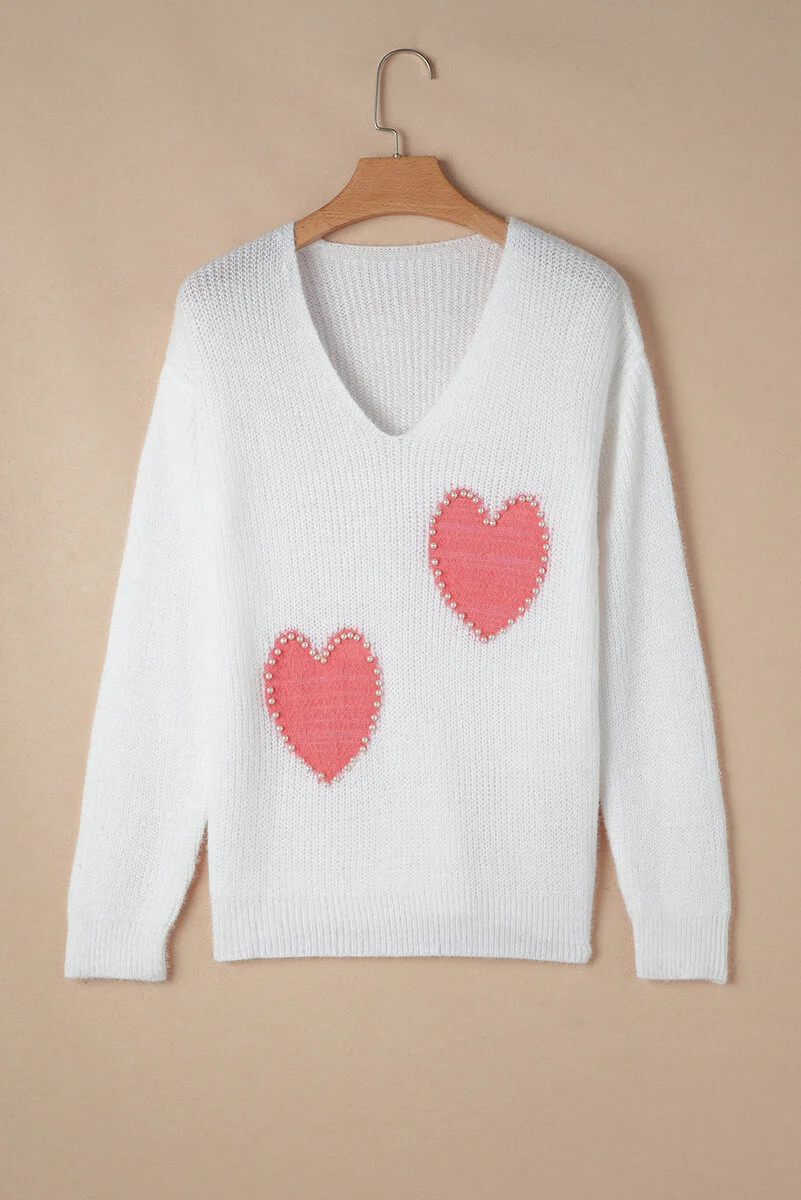 White Pearl Beaded Heart Pattern Fuzzy V Neck Sweater - Image 6 | Lily's Pad Studio