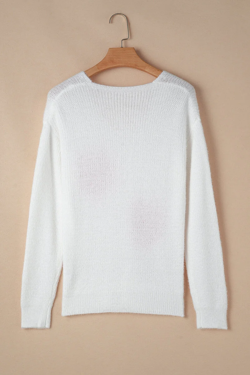 White Pearl Beaded Heart Pattern Fuzzy V Neck Sweater - Image 7 | Lily's Pad Studio