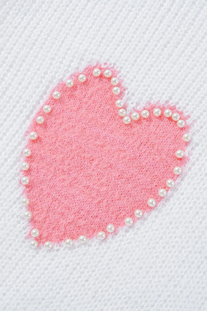 White Pearl Beaded Heart Pattern Fuzzy V Neck Sweater - Image 10 | Lily's Pad Studio