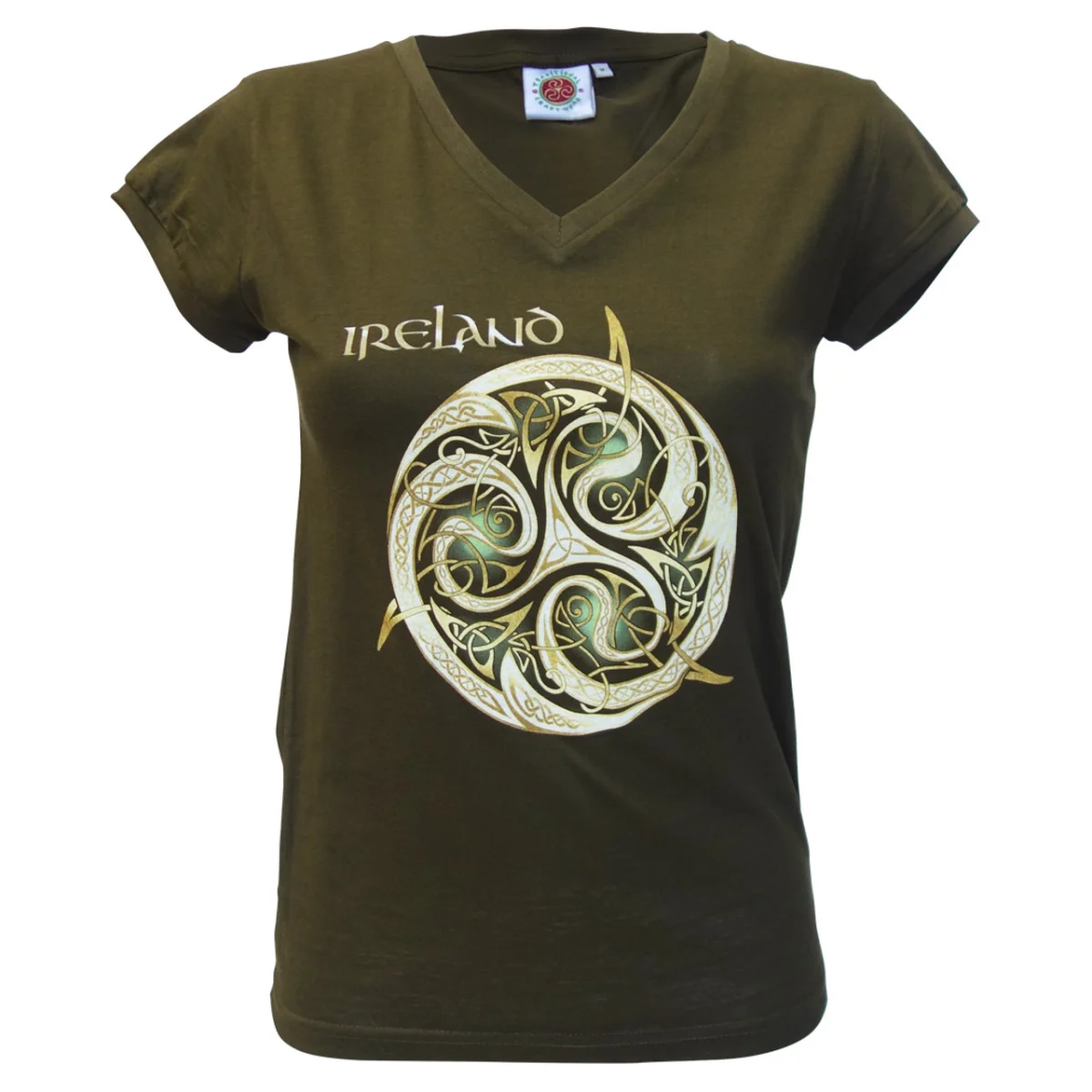 Women's Khaki Celtic Knot V-Neck Ireland Tee - Image 1 | Lily's Pad Studio