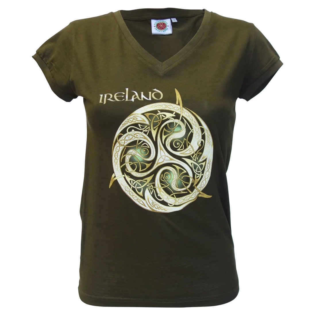 Women's Khaki Celtic Knot V-Neck Ireland Tee - Image 2 | Lily's Pad Studio